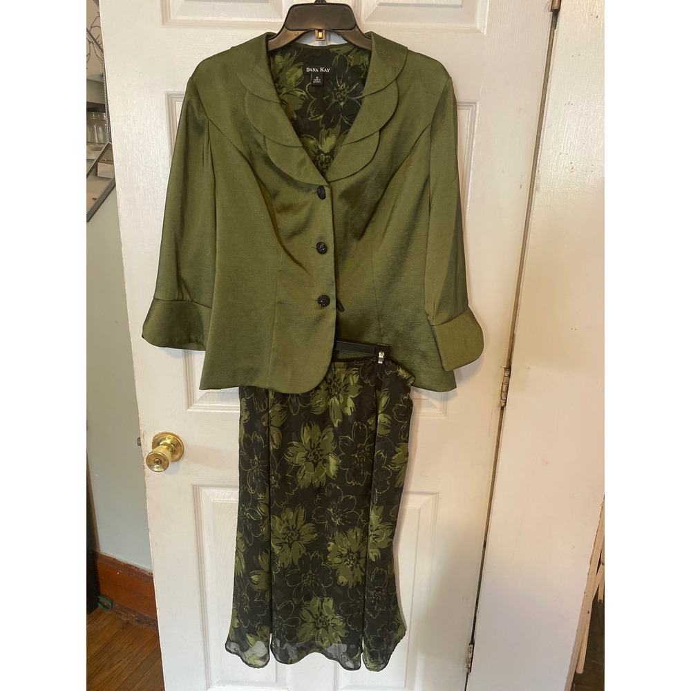 Dana Kay Skirt Suit Set Olive Green Floral Burnout Blazer Midi Skirt Size 12